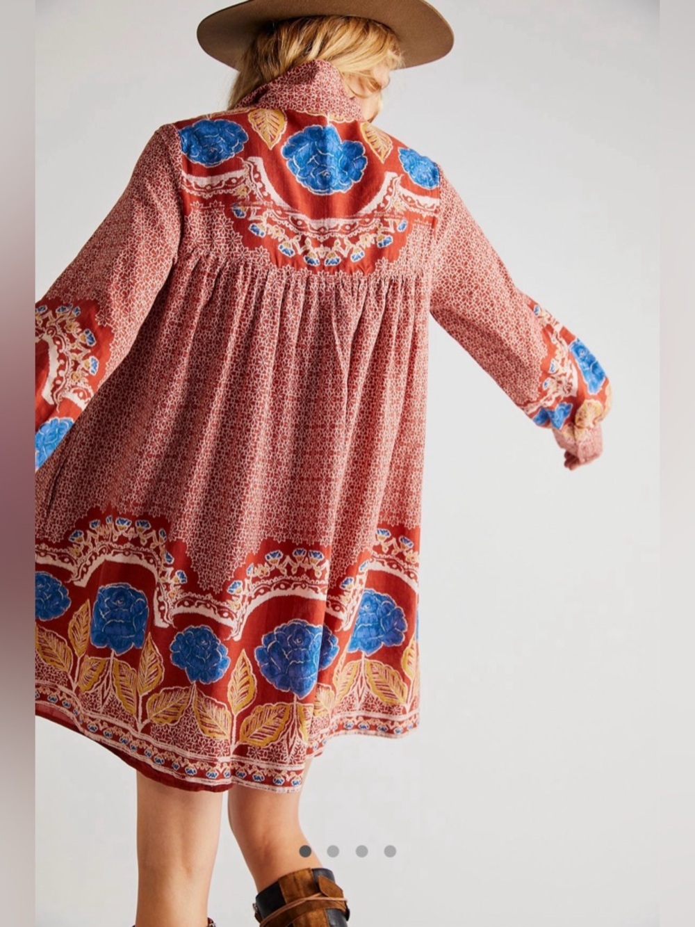 Free People Red Floral Border Print Dress with Blue Accents - Picture 2 of 7